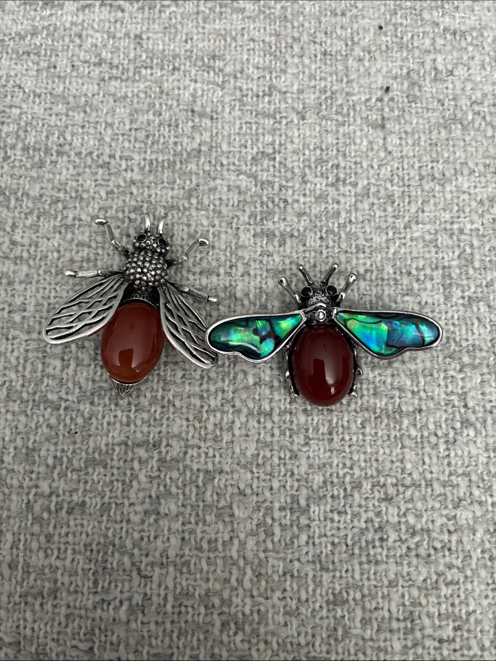 Silver Bee Brooches/Pendants with Red Carnelian and Iridescent Abalone Wings